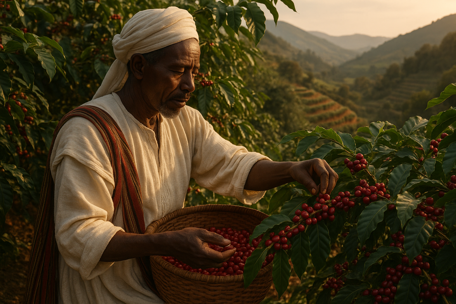 africano recolectando café en etiopía