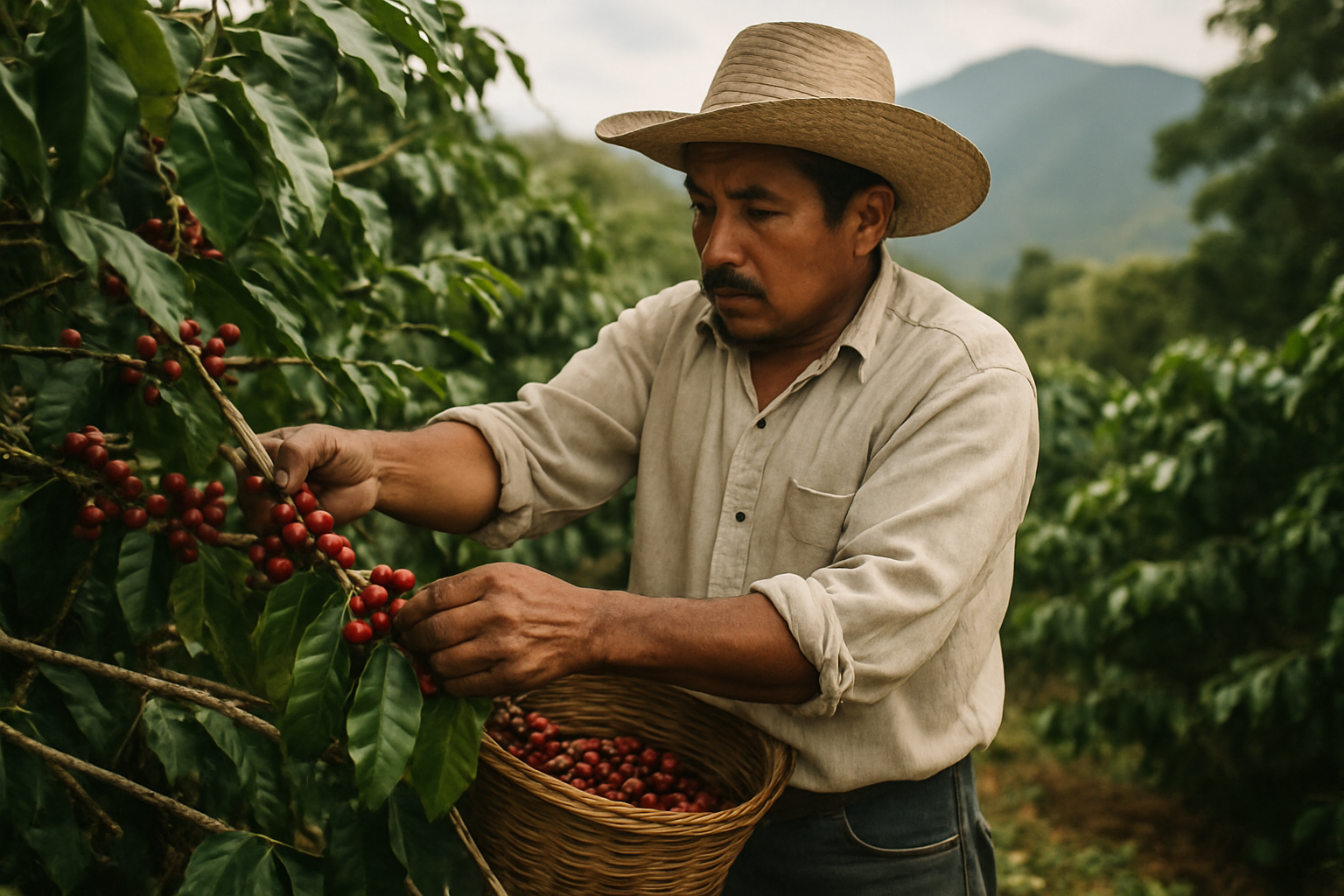 foto de mexicano recolectando café, que no parezca una imagen artificial, ni muy perfecta. mas bien una foto tirada de manera casual